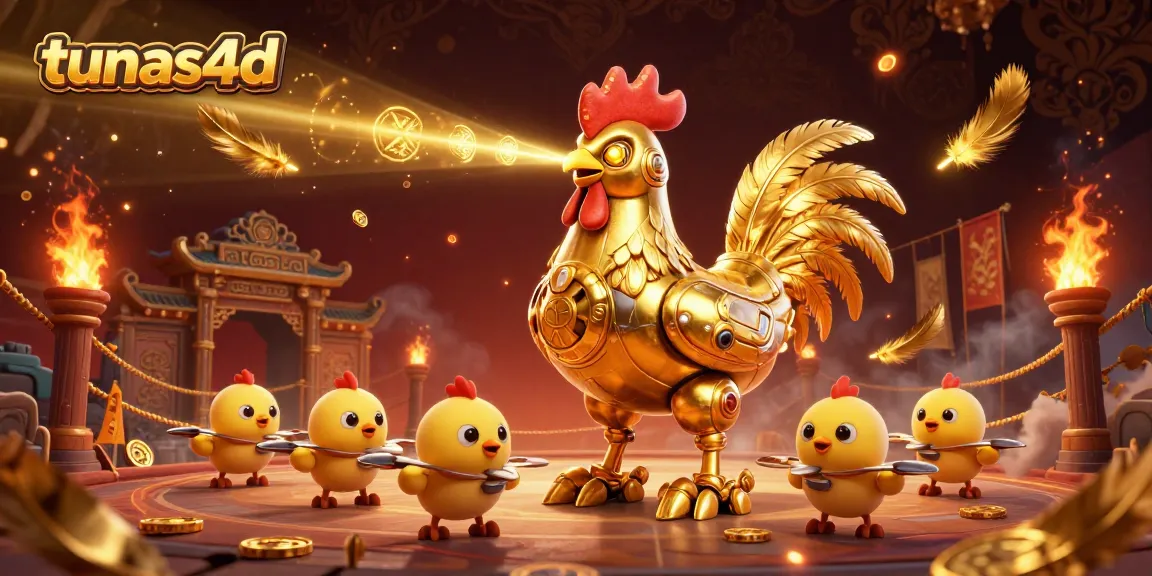 Engage in thrilling action with tunas4d as a golden rooster robot battles amidst swirling ember particles.