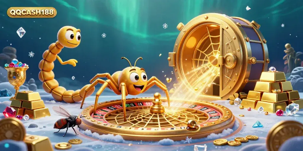 Engage with QQCASH188's vibrant casino world featuring a golden spider, roulette web, and treasures.