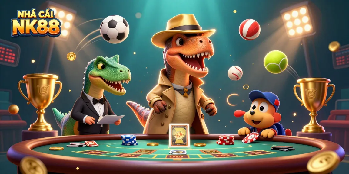 Experience thrilling gameplay at NHÀ CÁI NK88 with a dynamic blackjack scene featuring cartoon dinosaurs and sports elements.