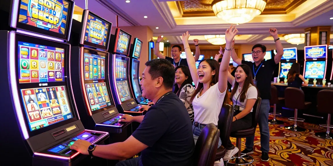 Excited players celebrating around a slot gacor machine in a lively casino atmosphere.