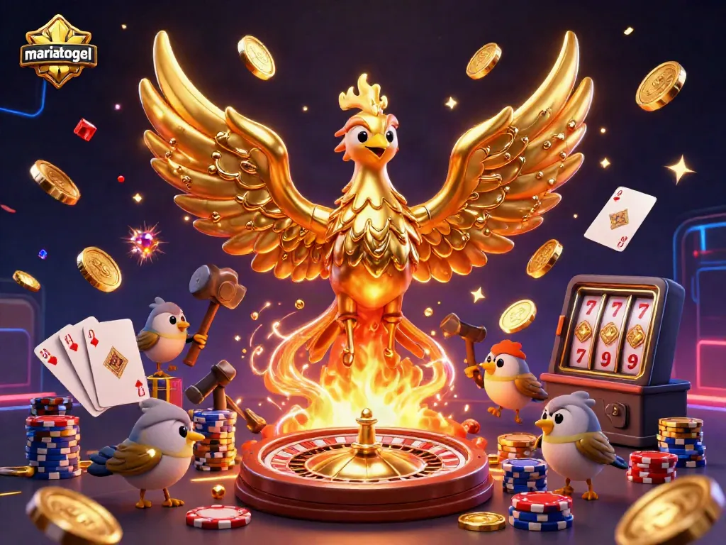 Engage with mariatogel through vibrant casino illustrations featuring a molten gold phoenix and celebratory elements.