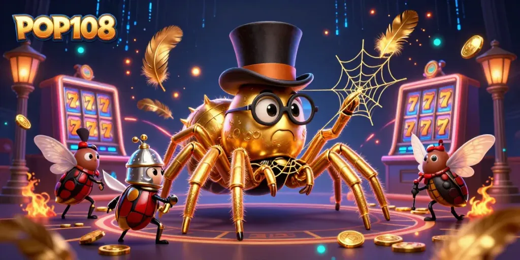 Engage with POP108's exciting casino scene featuring a golden tarantula and beetle knight.