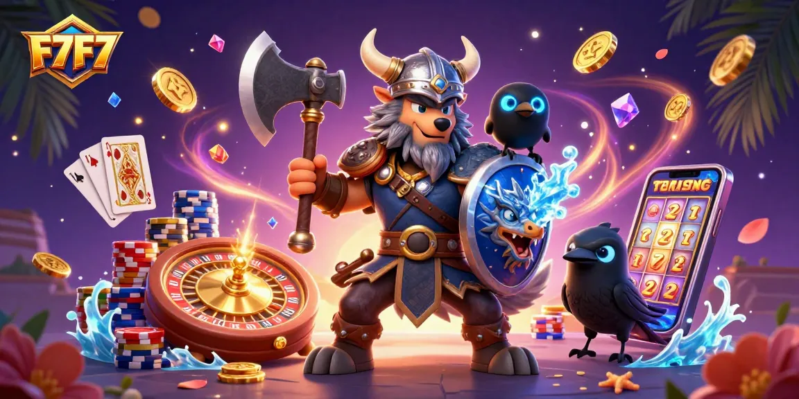 Experience the excitement of F7F7 with a Viking warrior, dragon, and riches in a dynamic casino scene.