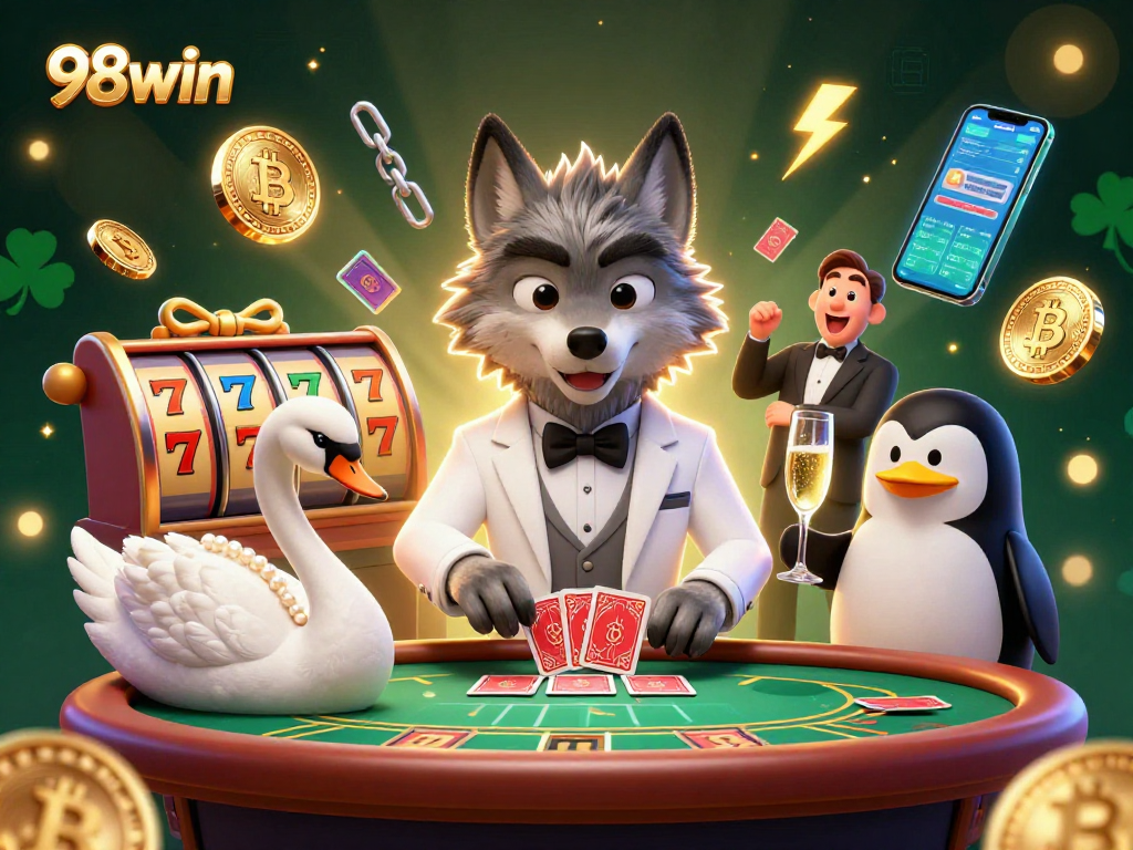 Experience thrilling baccarat action at 98win with a debonair wolf, elegant swan, and sophisticated penguin