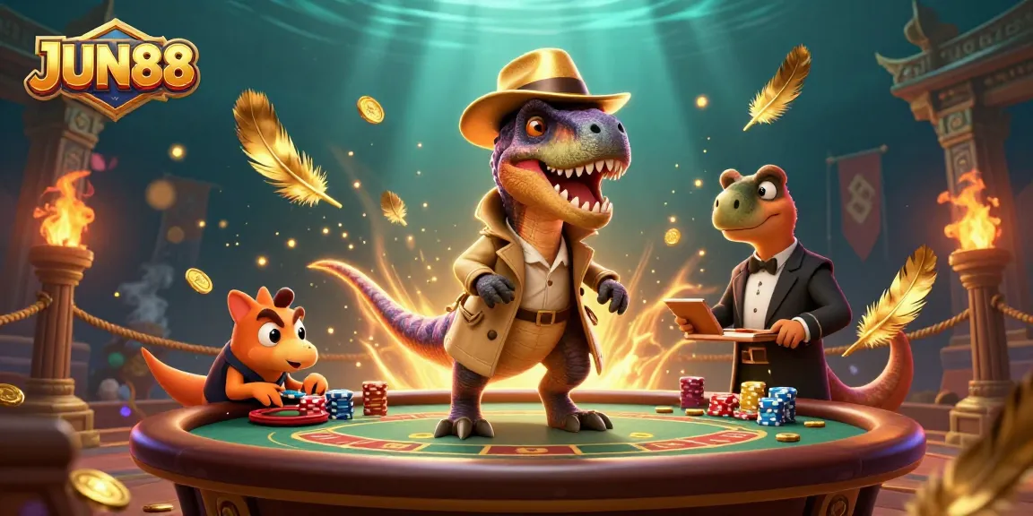 Join the action at JUN88 with a cartoon velociraptor card counter at a blackjack table and casino elements.