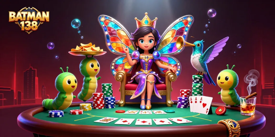 Engage with BATMAN 138 in a colorful casino scene filled with poker champions and vibrant elements.