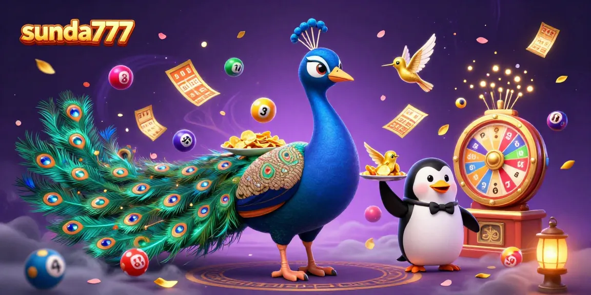 sunda777 memvisualisasikan permainan lotere dengan merak megah, penguin pelayan dan kolibri berlian di antara bola lotere yang ceria.