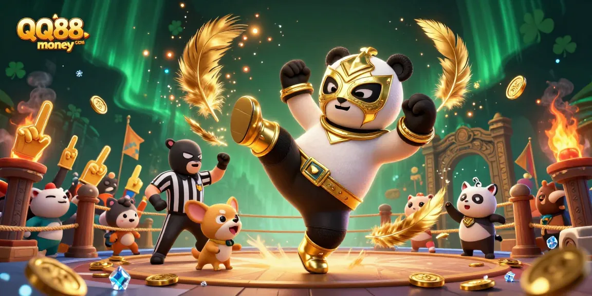 Experience dynamic action at QQ88money COM with a panda wrestler kicking amidst a lively casino scene.