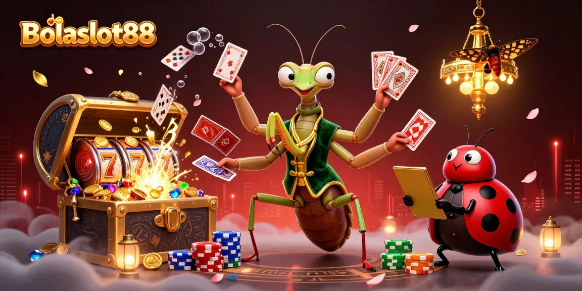 Bolaslot88 showcases a vivid 3D casino scene with a mantis card sharp and a ladybug pit boss surrounded by slot reels and treasure.
