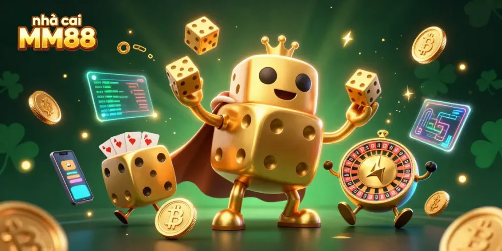 Engage with nhà cái MM88 in a vibrant casino scene featuring 3D cartoon dice and crypto elements.