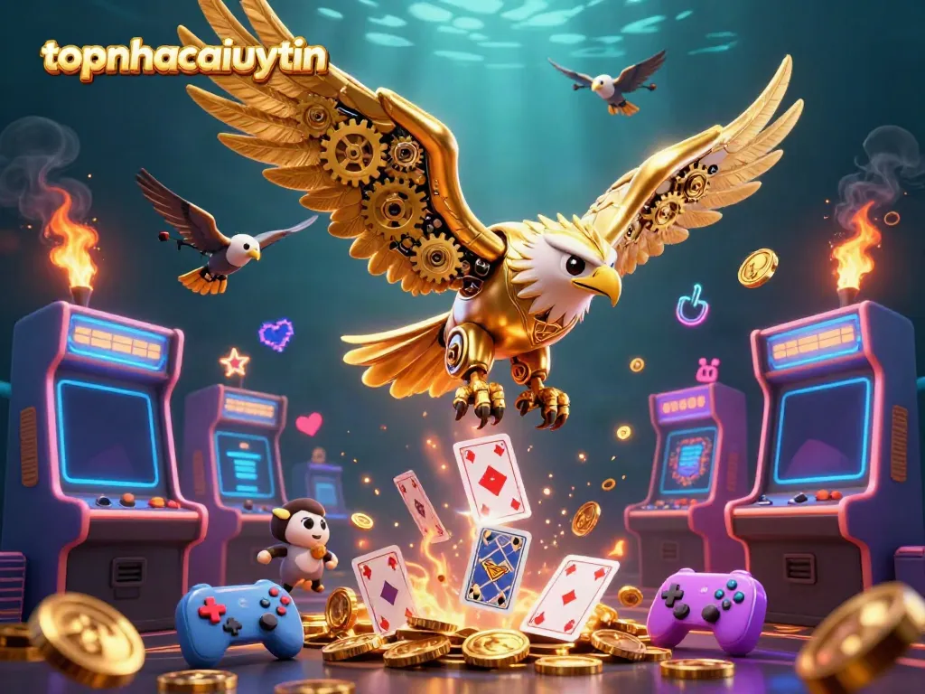 Experience thrilling wins with topnhacaiuytin in a vibrant casino-themed digital artwork.