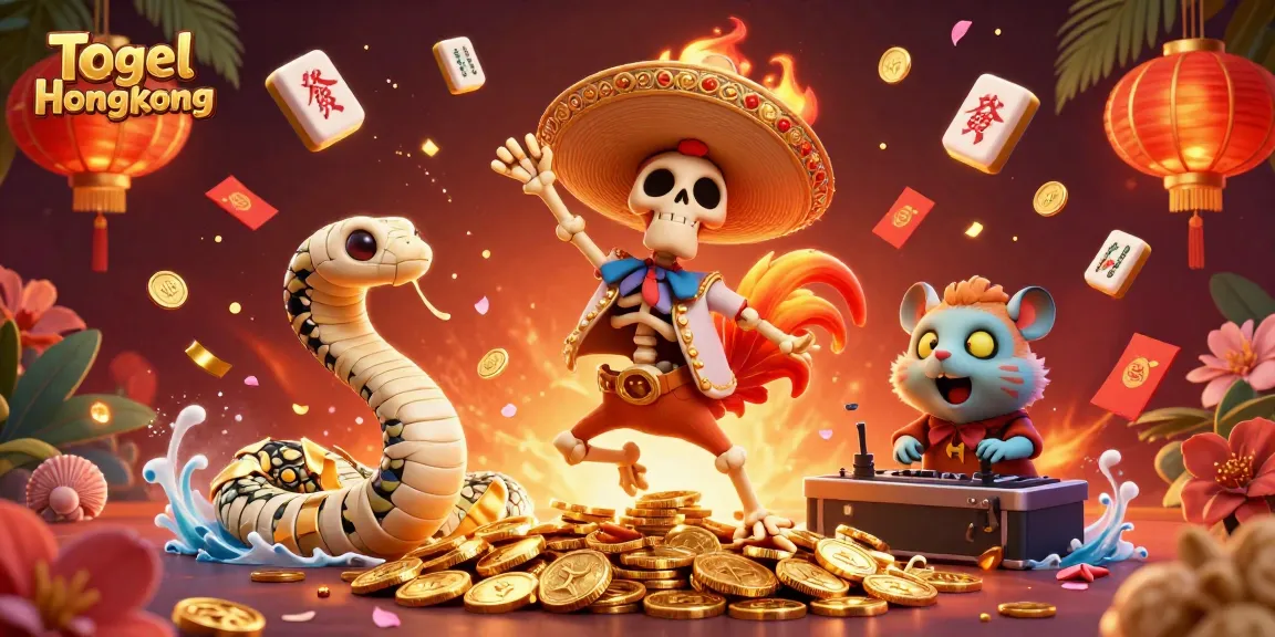 Togel Hongkong showcases a festive digital illustration of a mariachi rooster amidst colorful gambling elements, celebrating winnings.