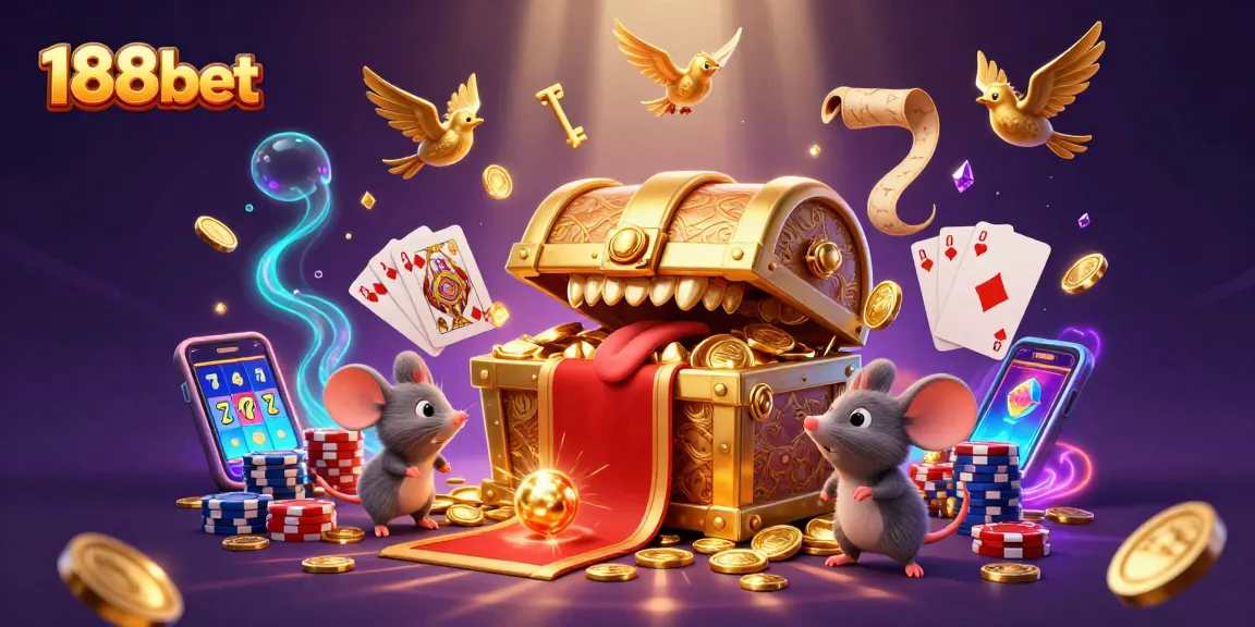 Memenangkan permainan di 188bet dengan tumpukan jeton berwarna dan harta karun mengkilap yang menarik perhatian.