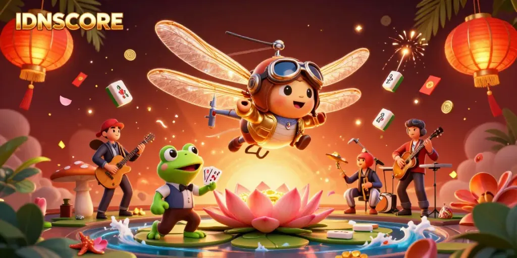 Experience IDNSCORE's vibrant casino scene with a dragonfly pilot and frog croupier in action.