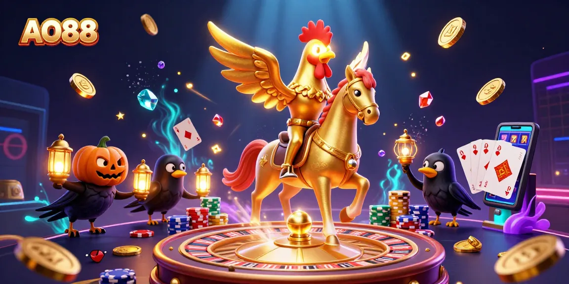Experience AO88's thrilling casino adventure with golden rooster and spectacular game elements.