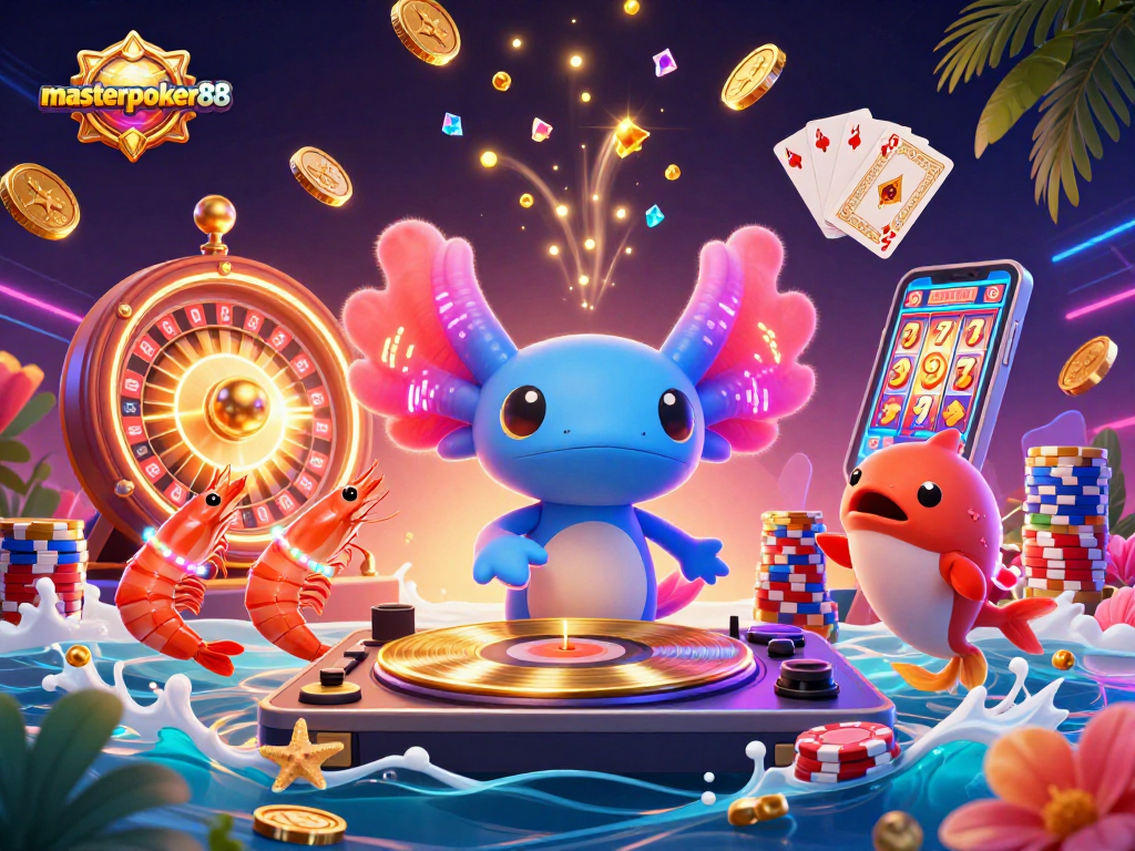 Menangkan permainan di masterpoker88 dengan karakter kartun 3D DJ axolotl yang seru dan elemen kasino menarik.