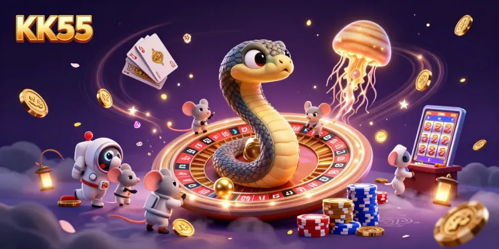 KK55 captivates players with a thrilling 3D gambling scene featuring a cosmic dealer and animated betting action.