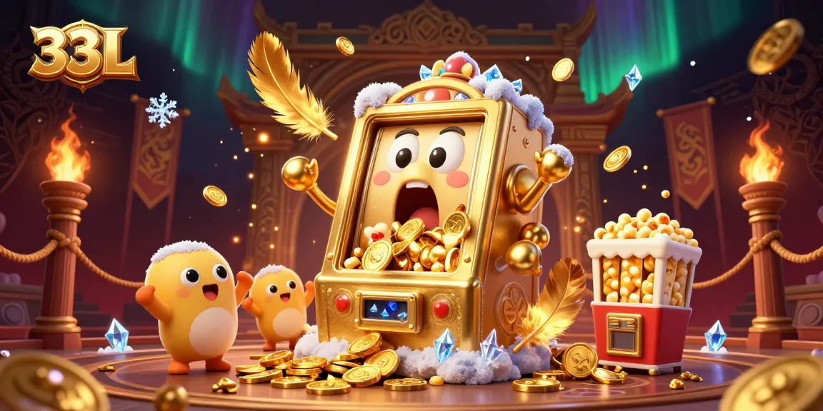 33L slot machine wins jackpot with golden coins pouring out, exuding excitement in a dynamic casino scene.