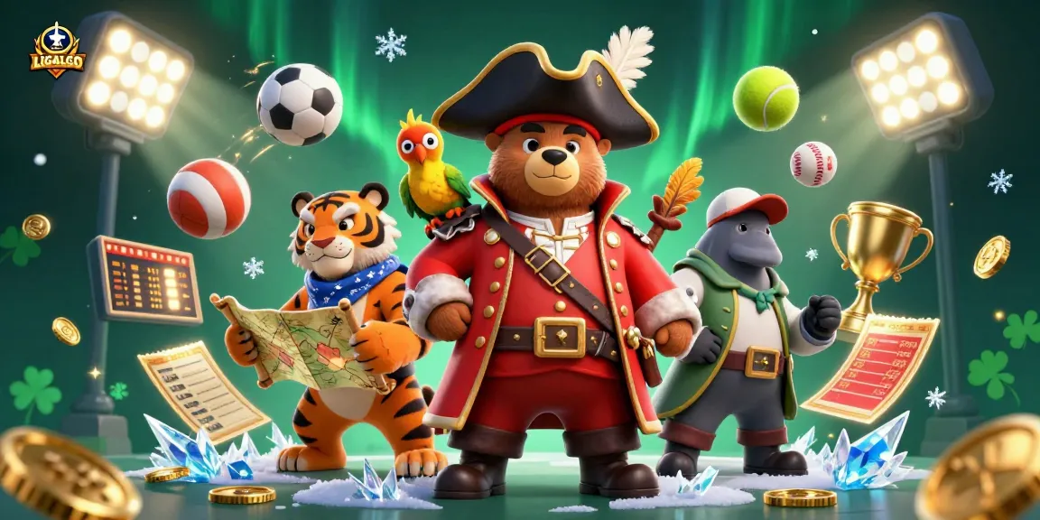 LIGALGO showcases a vibrant scene with a pirate bear and tiger first mate amidst dynamic sports betting elements.