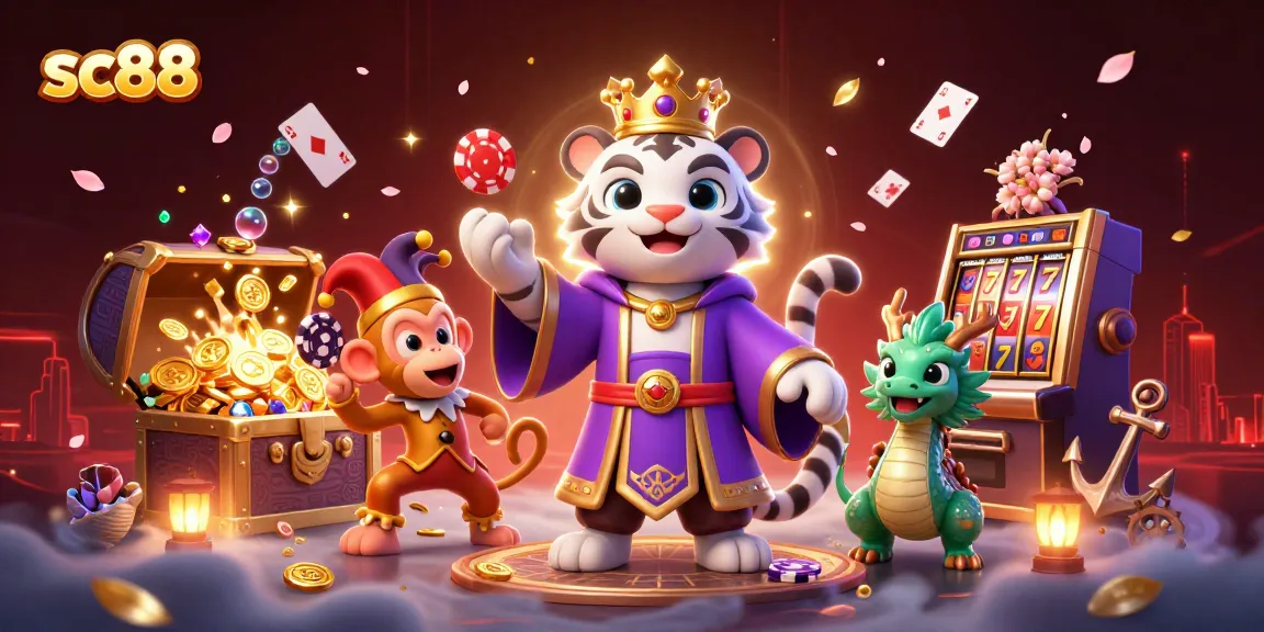 Play poker with sc88 while enjoying an enchanting scene of a tiger, monkey, and dragon.