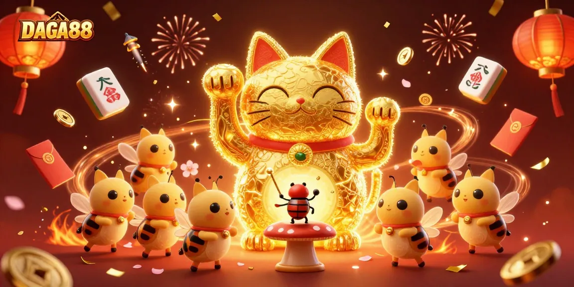DAGA88 captures excitement through an illustrated golden lucky cat and vibrant casino elements.