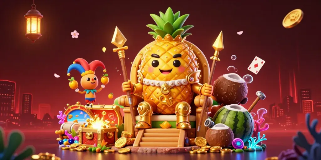 Engaging scene featuring the iconic 33WIN pineapple king enjoying a vibrant beach casino adventure.