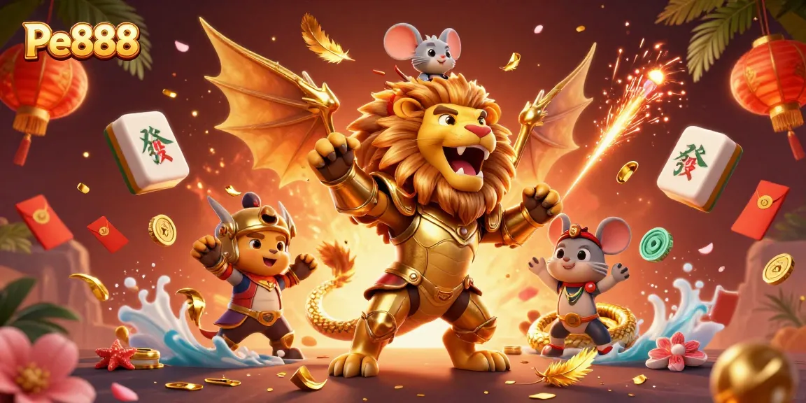 Experience Pe888 with a vibrant 3D illustration of a chimera and gameplay elements in a casino scene.