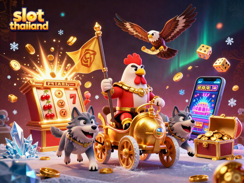 Experience the thrill of slot thailand with a captivating 3D scene of a rooster warlord and jackpot sparks.