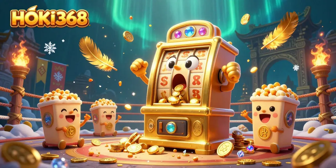HOKI368 slot machine celebrates a jackpot, surrounded by cheering machines and golden rewards.