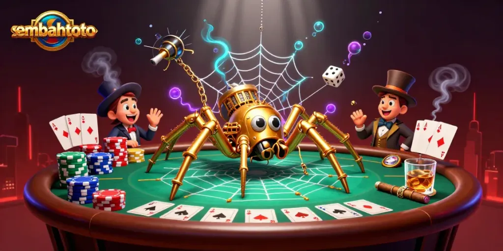 Experience thrilling gameplay with sembahtoto as a steampunk spider catches dice in a vibrant casino web.
