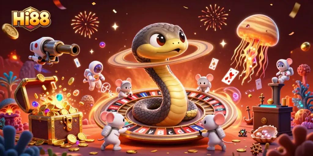 HI88 cosmic dealer offers a thrilling roulette experience in a colorful 3D casino scene.
