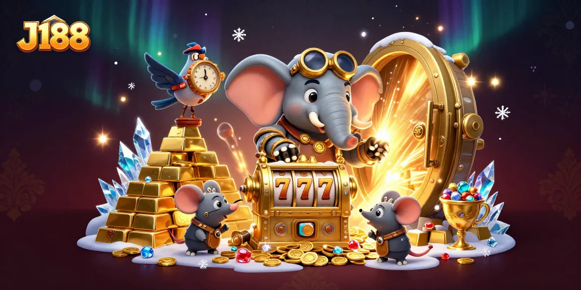 Spin the J188 slot machine with a steampunk elephant engineer amid overflowing gold and gems.