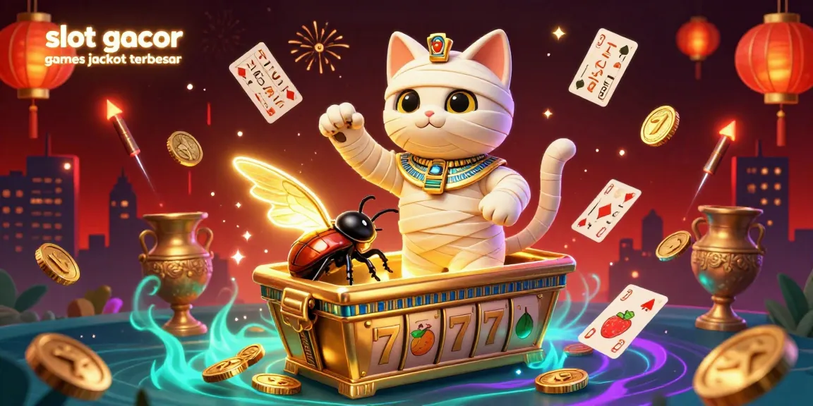 Engage with captivating slot gacor games jackpot terbesar in this vibrant casino scene featuring a mummy cat and dynamic decorations.