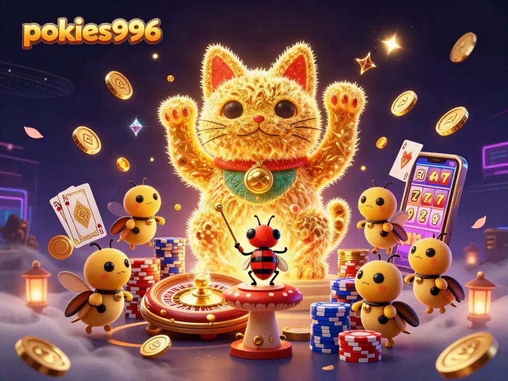 Spin with luck and fortune at pokies996 as golden fireflies form a lucky cat amidst casino symbols.