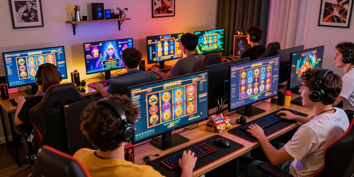 Permainan slot gacor NENG4D dengan pemain bersemangat di ruang gaming modern.