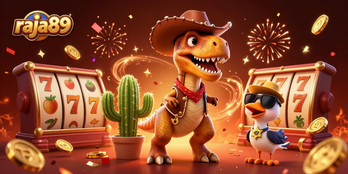 Win big with raja89 in this vibrant 3D casino scene featuring T-Rex and slot game elements.