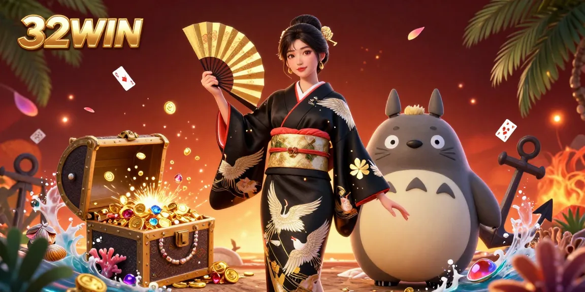 Experience rich casino adventures with 32WIN's vibrant graphic of a wise tanuki and elegant Asian woman.