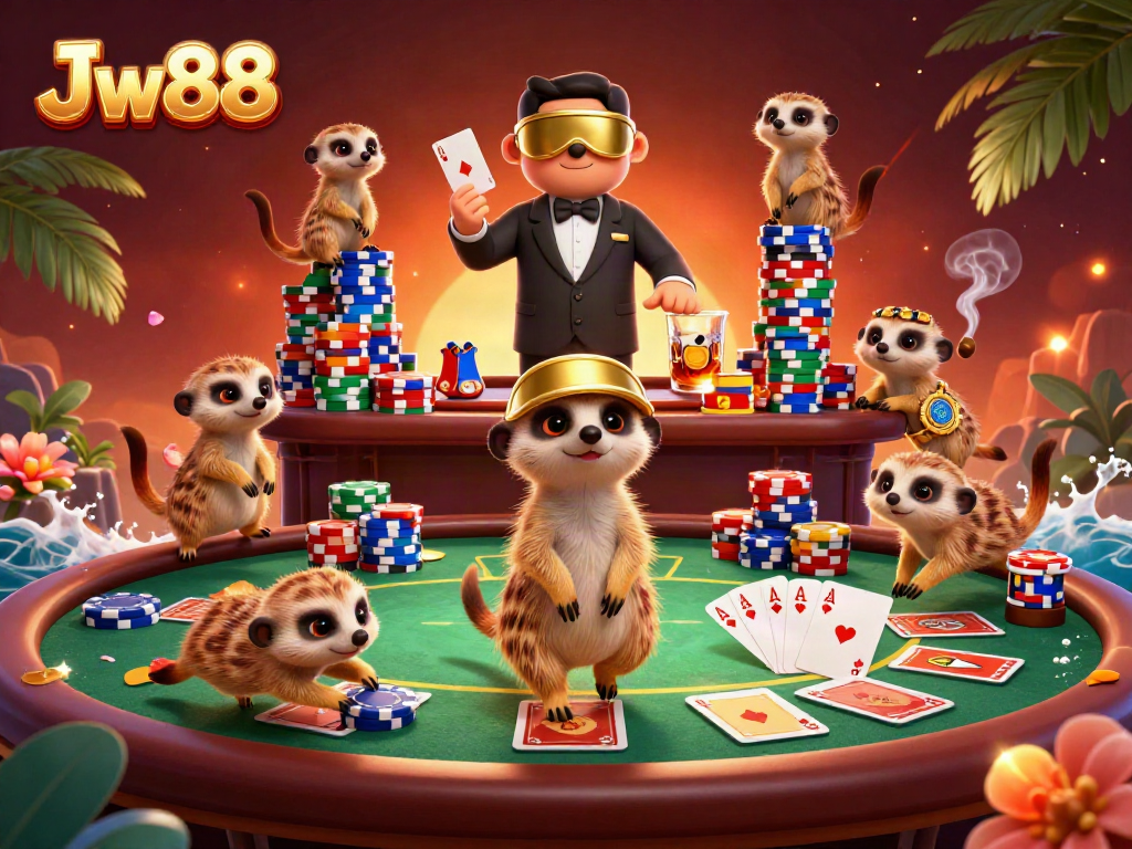 Experience thrilling gameplay at Jw88 with a lively meerkat casino illustration.