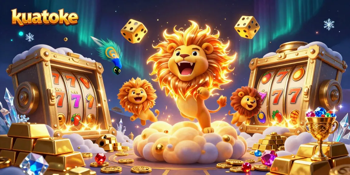 Kuatoke: Experience thrilling slot game action with a vibrant 3D casino scene featuring golden dice and treasure.