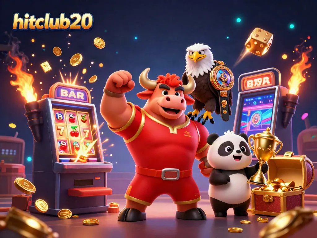 Hitclub20 showcases a 3D bull mascot and joyful panda amidst a vibrant casino explosion, celebrating thrilling jackpots.