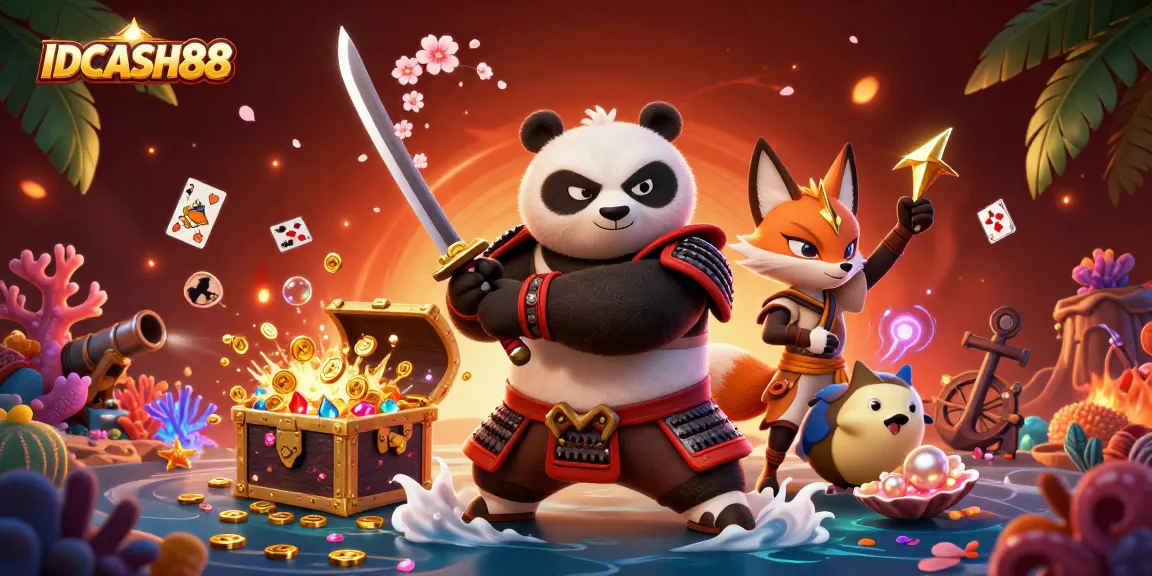 Experience the excitement of IDCASH88 with a vibrant 3D illustration showcasing thrilling gaming action.