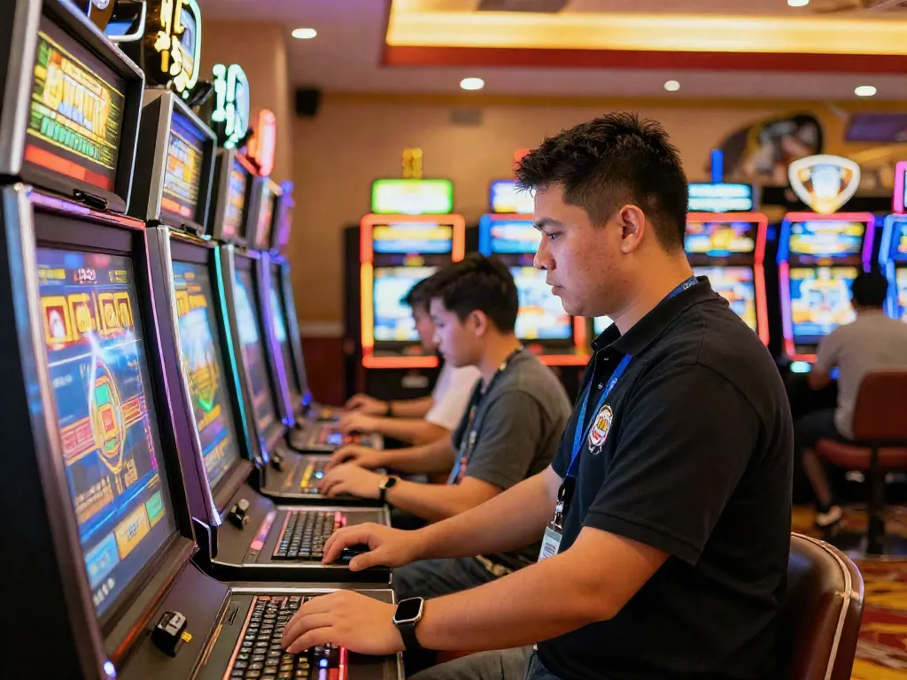 Technician ensuring slot gacor gaming machines perform reliably for local players.
