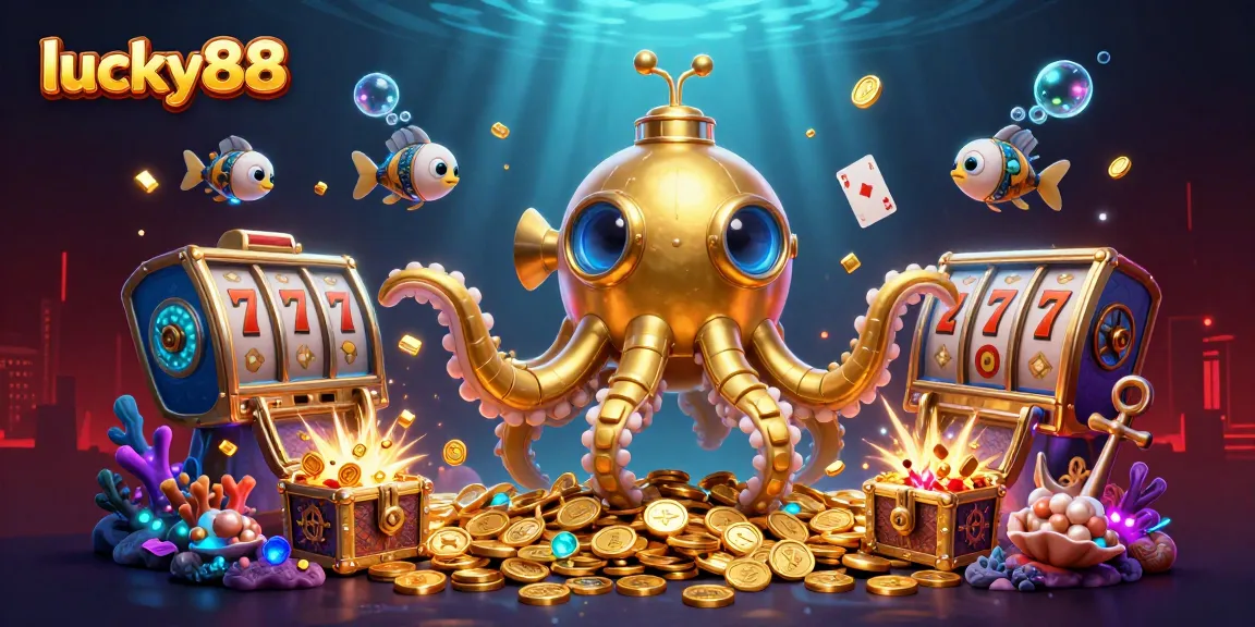 Engage with lucky88's thrilling design featuring slot reels and a golden kraken in an underwater casino