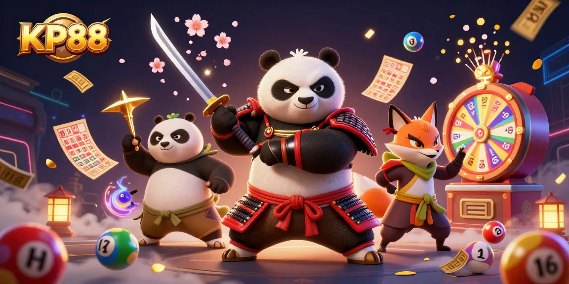 Engage with KP88's exciting lottery atmosphere featuring dynamic samurai panda and ninja fox.