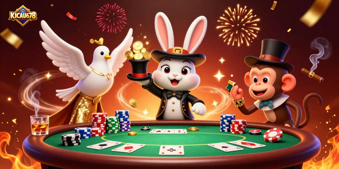 KICAU678 captivates players with the magician rabbit, glamorous dove, and monkey amidst poker chips and gold coins.