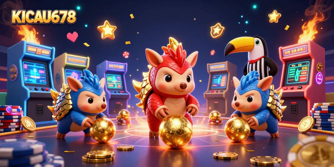 KICAU678 features cartoon pangolins competing in a casino arcade scene surrounded by chips and game elements.