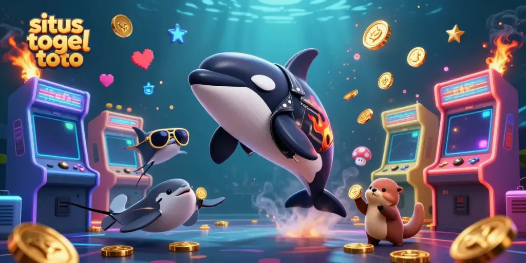 Visualisasi menarik tentang "situs togel toto" dengan karakter ikan paus orca dan berang-berang mengumpulkan koin emas.