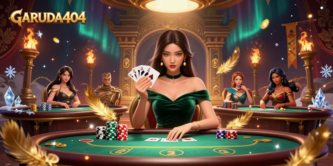 Experience thrilling poker action on GARUDA404, showcasing a beautiful dealer at an elegant table.