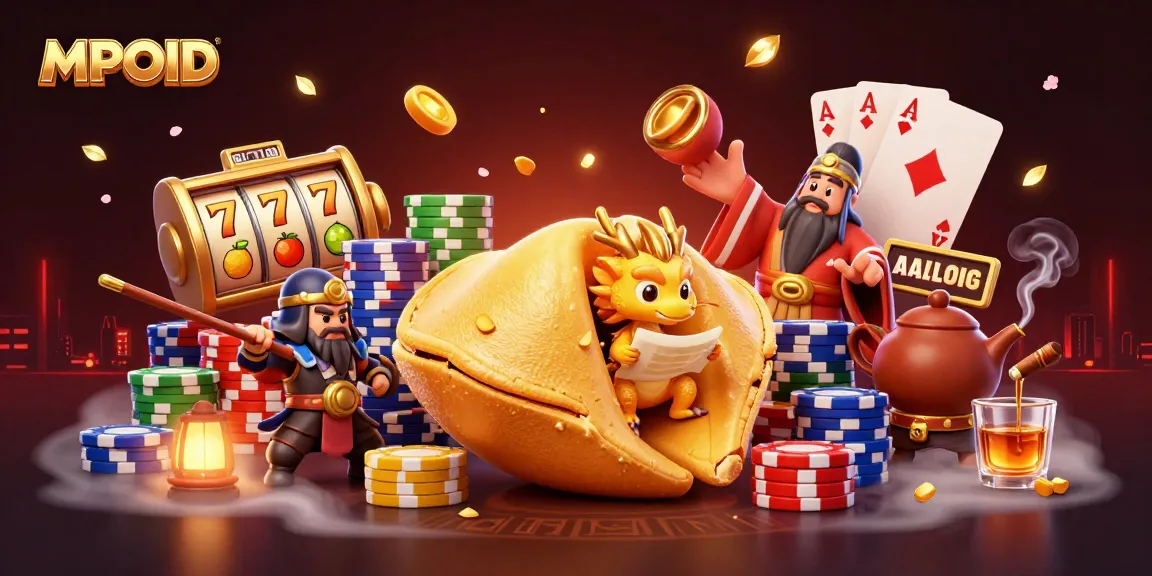 MPOID presents an engaging casino scene featuring a golden fortune cookie and vibrant slot elements, celebrating online gaming.