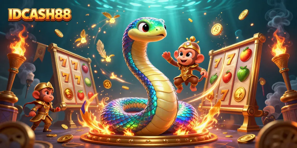 Experience the excitement of IDCASH88 with a vibrant scene of a rainbow serpent and monkey king in a thrilling casino atmosphere.